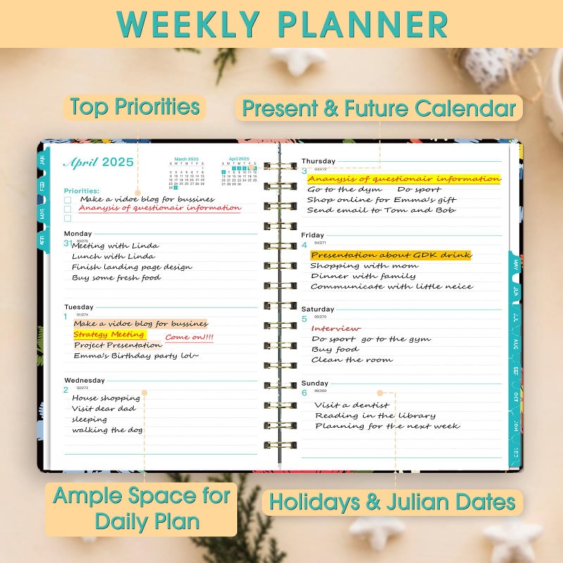 Ymumuda 2025 Planner, 12-Month Daily Weekly Monthly Planner from JAN.2025 to DEC.2025, 8.4"" X 6"", Spiral Planner Notebook with Stickers, Elastic Closure, Inner Pocket, Bird Embroidery - Image 4